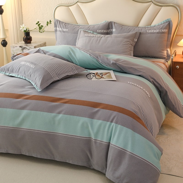 91家纺网 家纺一手货源 找家纺 木易家居 2026新款全棉磨毛印花四件套 绅士条纹