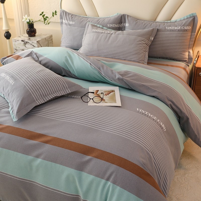 91家纺网 家纺一手货源 找家纺 木易家居 2026新款全棉磨毛印花四件套 绅士条纹