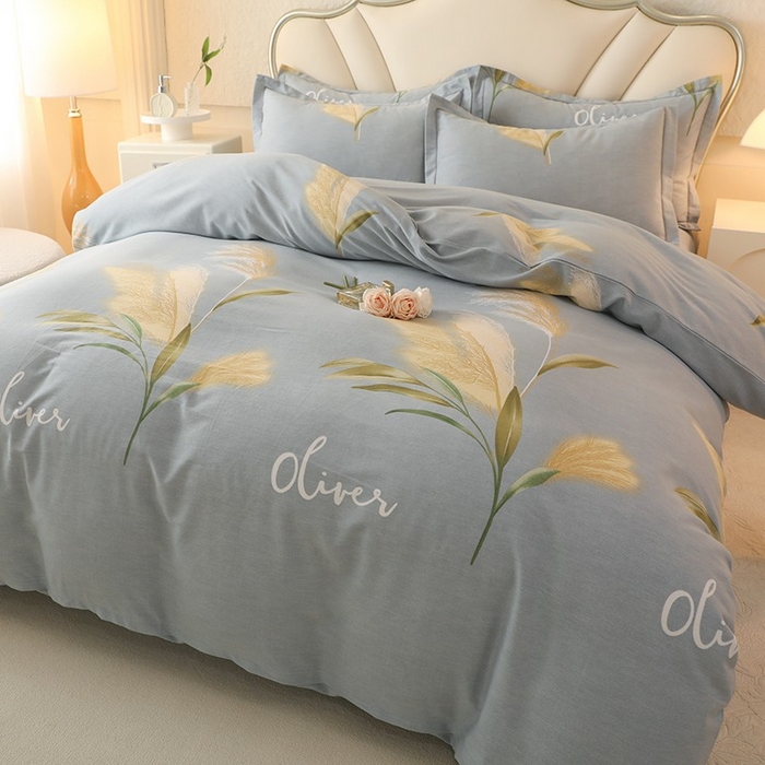 91家纺网 家纺一手货源 找家纺 木易家居 2026新款全棉磨毛印花四件套 香语芦苇