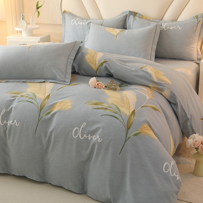 91家纺网 家纺一手货源 找家纺 木易家居 2026新款全棉磨毛印花四件套 香语芦苇