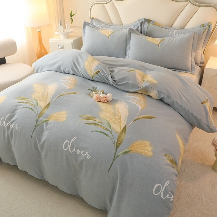 91家纺网 家纺一手货源 找家纺 木易家居 2026新款全棉磨毛印花四件套 香语芦苇