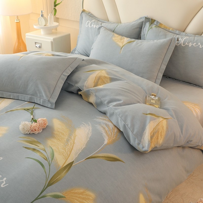 91家纺网 家纺一手货源 找家纺 木易家居 2026新款全棉磨毛印花四件套 香语芦苇