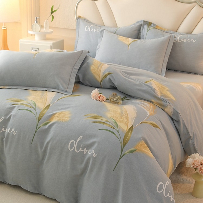 91家纺网 家纺一手货源 找家纺 木易家居 2026新款全棉磨毛印花四件套 香语芦苇