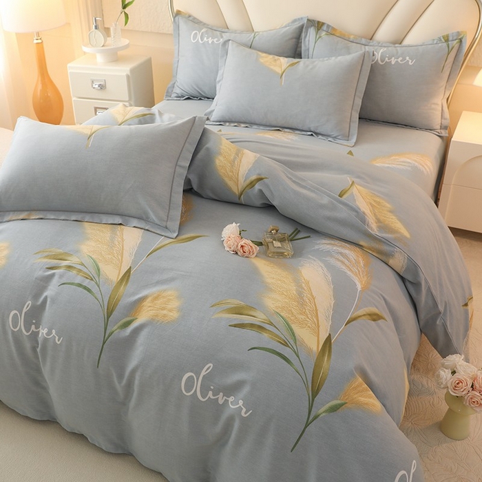 91家纺网 家纺一手货源 找家纺 木易家居 2026新款全棉磨毛印花四件套 香语芦苇