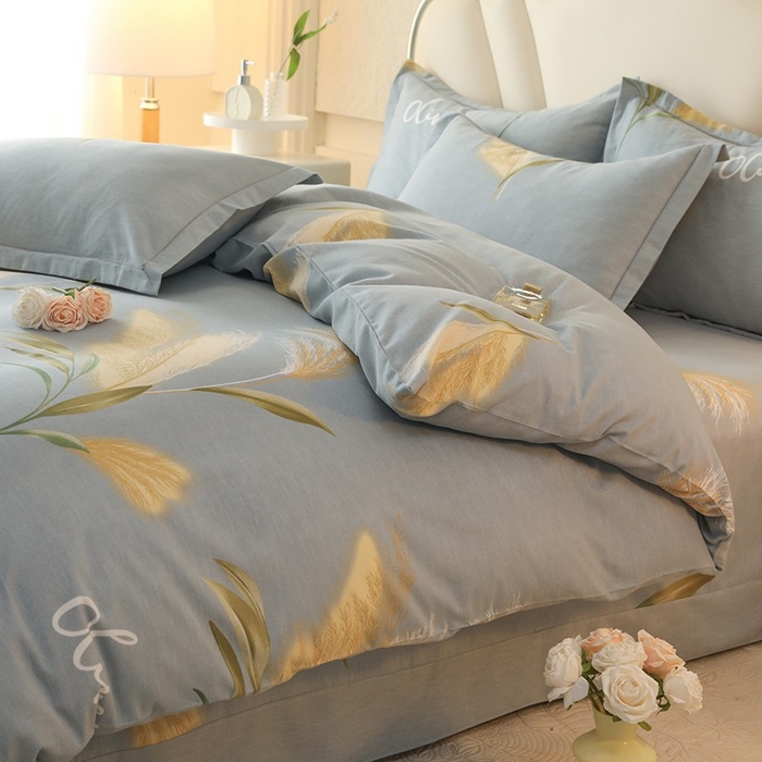 91家纺网 家纺一手货源 找家纺 木易家居 2026新款全棉磨毛印花四件套 香语芦苇