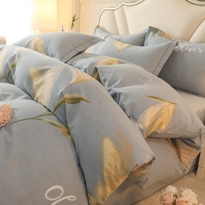 91家纺网 家纺一手货源 找家纺 木易家居 2026新款全棉磨毛印花四件套 香语芦苇