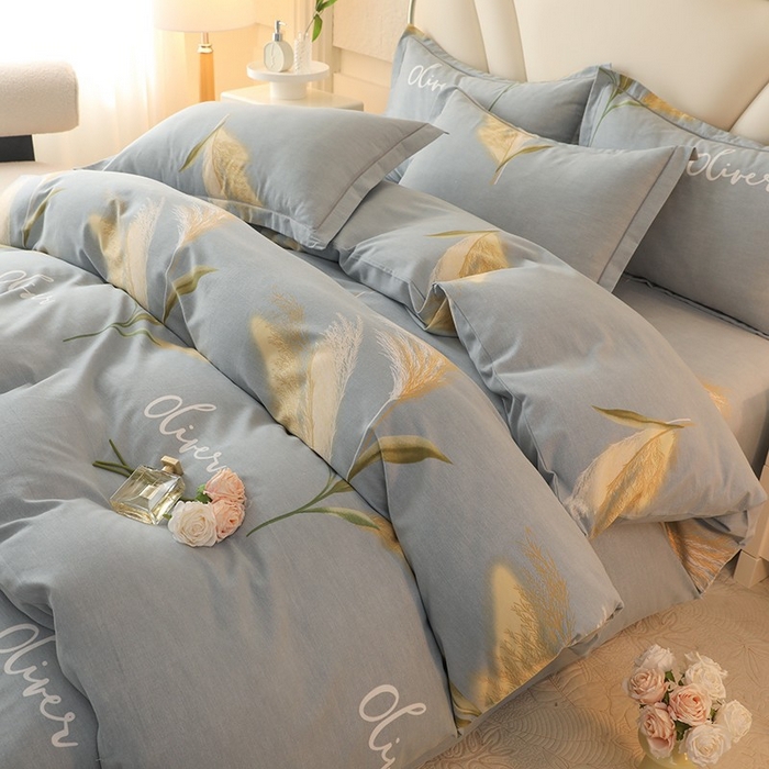 91家纺网 家纺一手货源 找家纺 木易家居 2026新款全棉磨毛印花四件套 香语芦苇