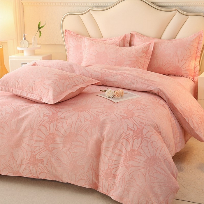 91家纺网 家纺一手货源 找家纺 木易家居 2026新款全棉磨毛印花四件套 向阳花开-粉