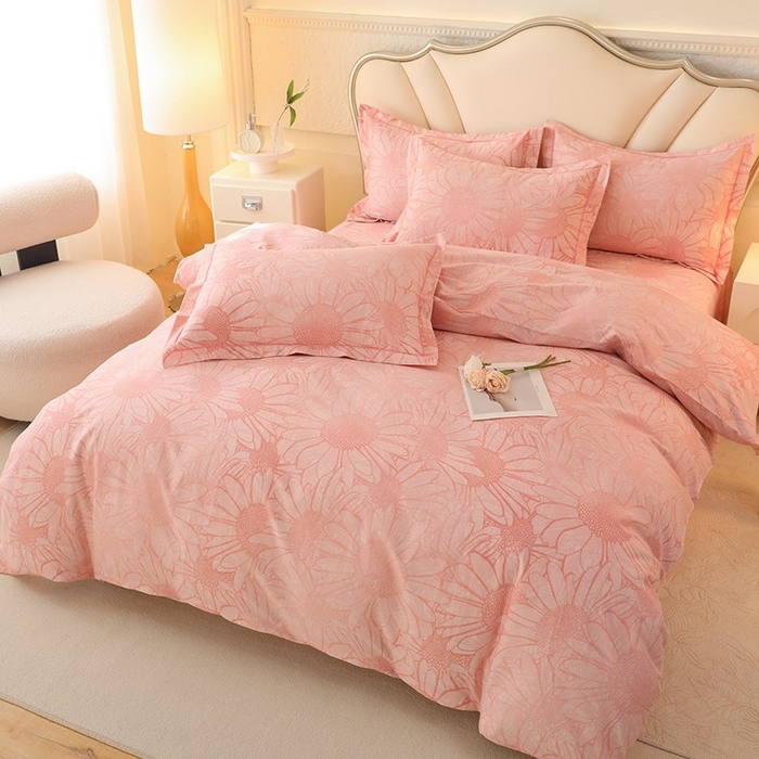 91家纺网 家纺一手货源 找家纺 木易家居 2026新款全棉磨毛印花四件套 向阳花开-粉