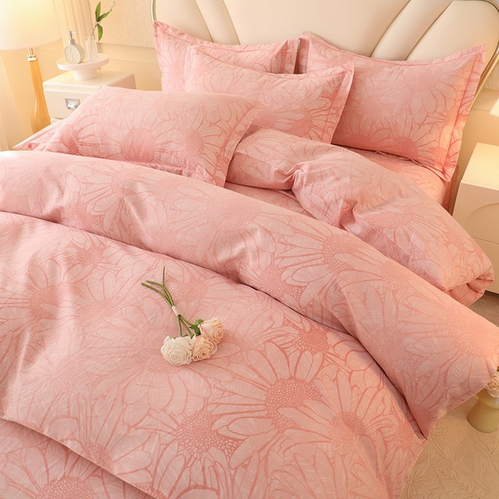 91家纺网 家纺一手货源 找家纺 木易家居 2026新款全棉磨毛印花四件套 向阳花开-粉