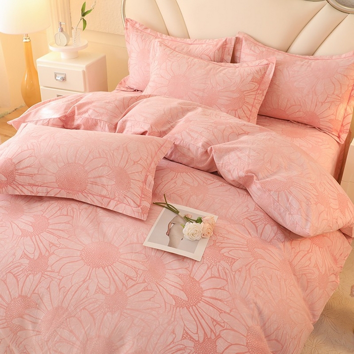 91家纺网 家纺一手货源 找家纺 木易家居 2026新款全棉磨毛印花四件套 向阳花开-粉