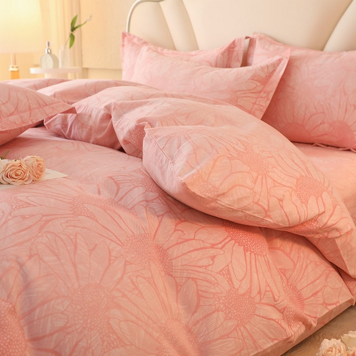 91家纺网 家纺一手货源 找家纺 木易家居 2026新款全棉磨毛印花四件套 向阳花开-粉