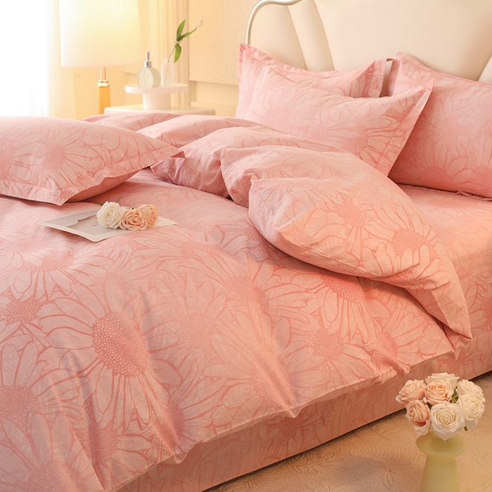 91家纺网 家纺一手货源 找家纺 木易家居 2026新款全棉磨毛印花四件套 向阳花开-粉