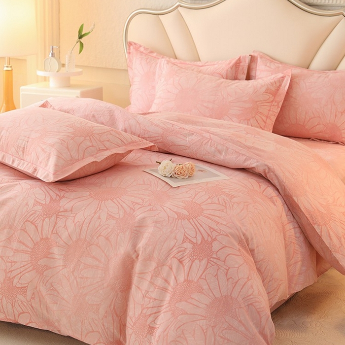 91家纺网 家纺一手货源 找家纺 木易家居 2026新款全棉磨毛印花四件套 向阳花开-粉