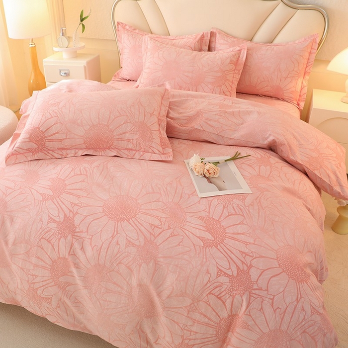 91家纺网 家纺一手货源 找家纺 木易家居 2026新款全棉磨毛印花四件套 向阳花开-粉