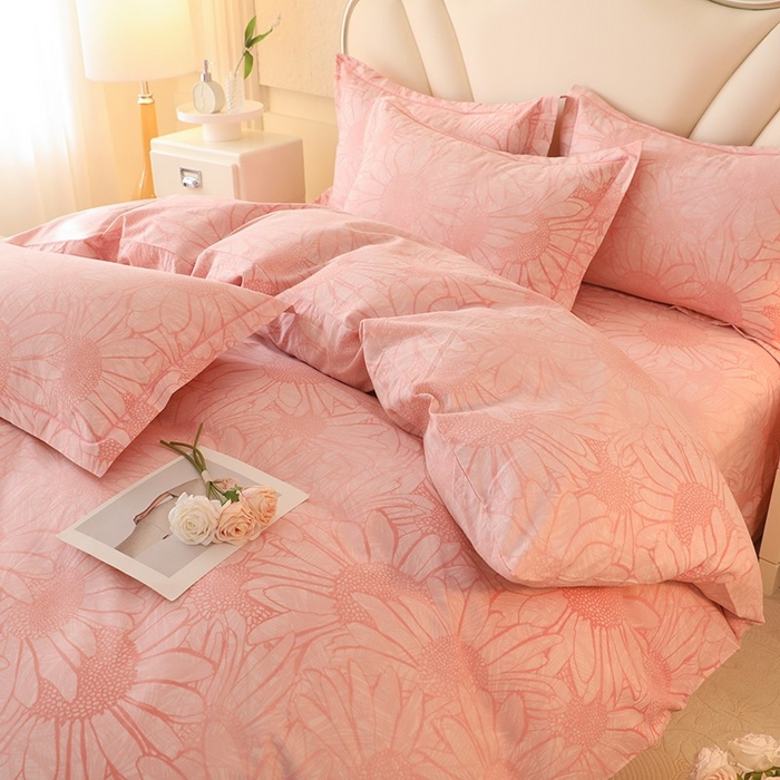 91家纺网 家纺一手货源 找家纺 木易家居 2026新款全棉磨毛印花四件套 向阳花开-粉