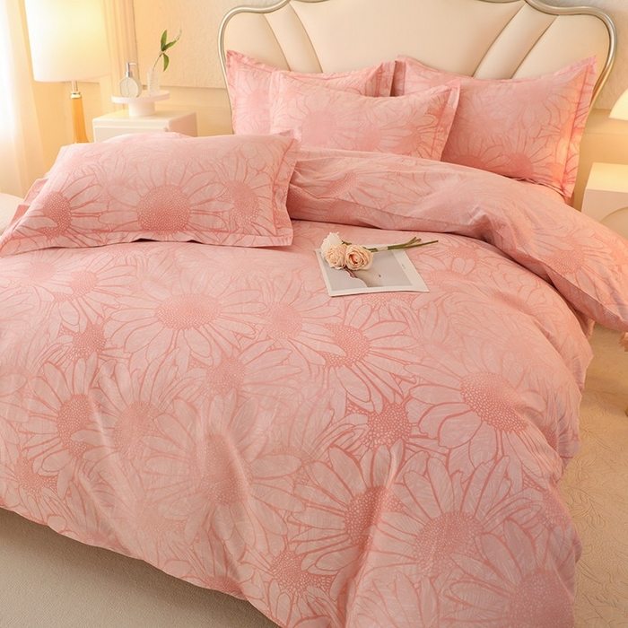 91家纺网 家纺一手货源 找家纺 木易家居 2026新款全棉磨毛印花四件套 向阳花开-粉