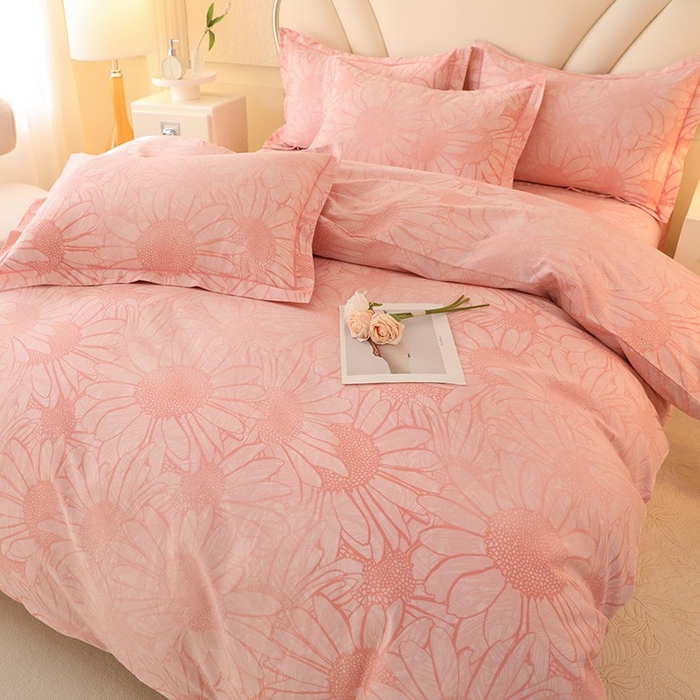 91家纺网 家纺一手货源 找家纺 木易家居 2026新款全棉磨毛印花四件套 向阳花开-粉