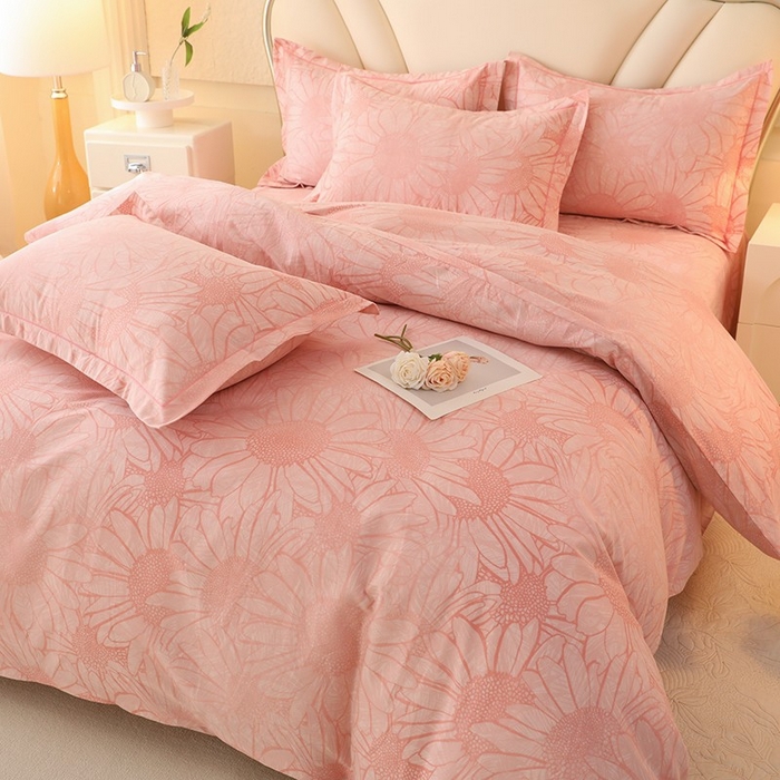 91家纺网 家纺一手货源 找家纺 木易家居 2026新款全棉磨毛印花四件套 向阳花开-粉