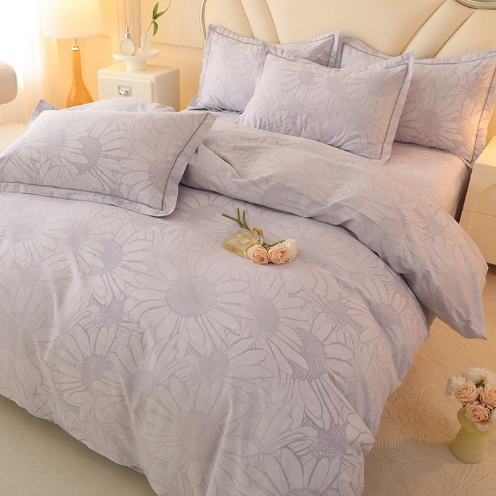 91家纺网 家纺一手货源 找家纺 木易家居 2026新款全棉磨毛印花四件套 向阳花开-灰