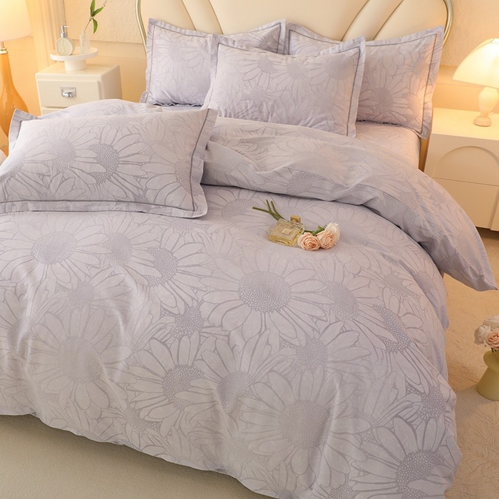 91家纺网 家纺一手货源 找家纺 木易家居 2026新款全棉磨毛印花四件套 向阳花开-灰