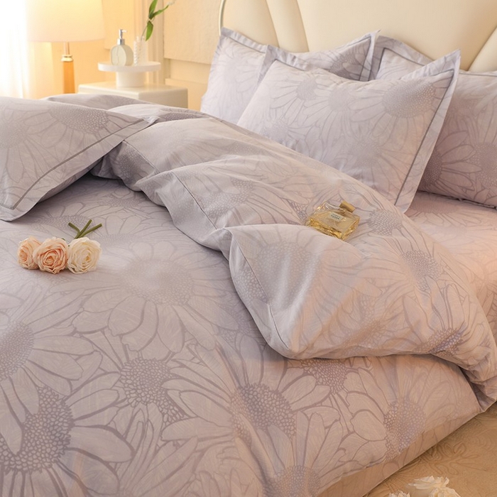 91家纺网 家纺一手货源 找家纺 木易家居 2026新款全棉磨毛印花四件套 向阳花开-灰