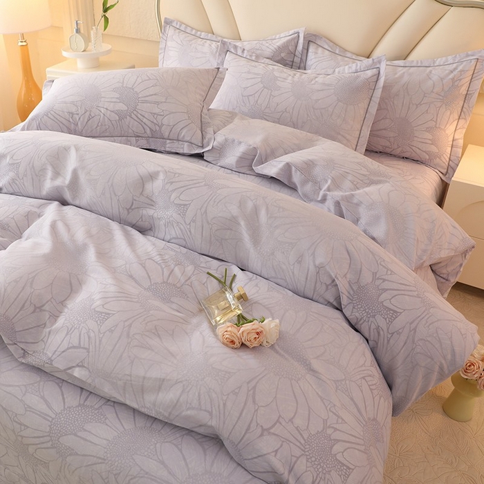 91家纺网 家纺一手货源 找家纺 木易家居 2026新款全棉磨毛印花四件套 向阳花开-灰