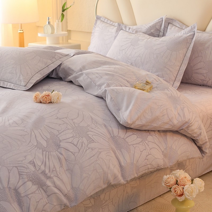 91家纺网 家纺一手货源 找家纺 木易家居 2026新款全棉磨毛印花四件套 向阳花开-灰