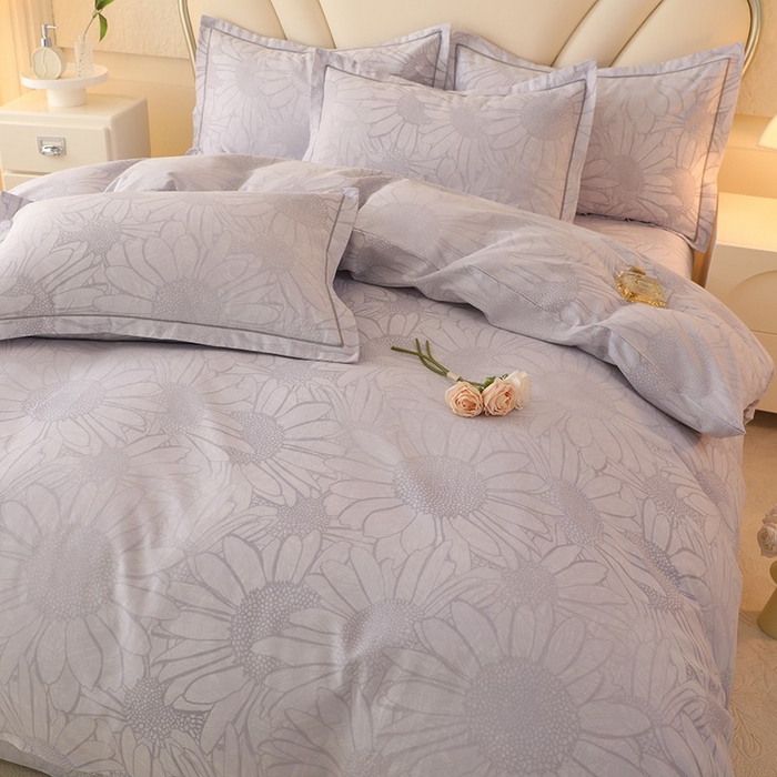 91家纺网 家纺一手货源 找家纺 木易家居 2026新款全棉磨毛印花四件套 向阳花开-灰