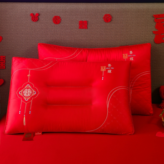 91家纺网 家纺一手货源 找家纺 （总）织布人 2025新款枕芯全棉刺绣大红喜事婚庆送礼结婚专用护颈定型枕头枕芯