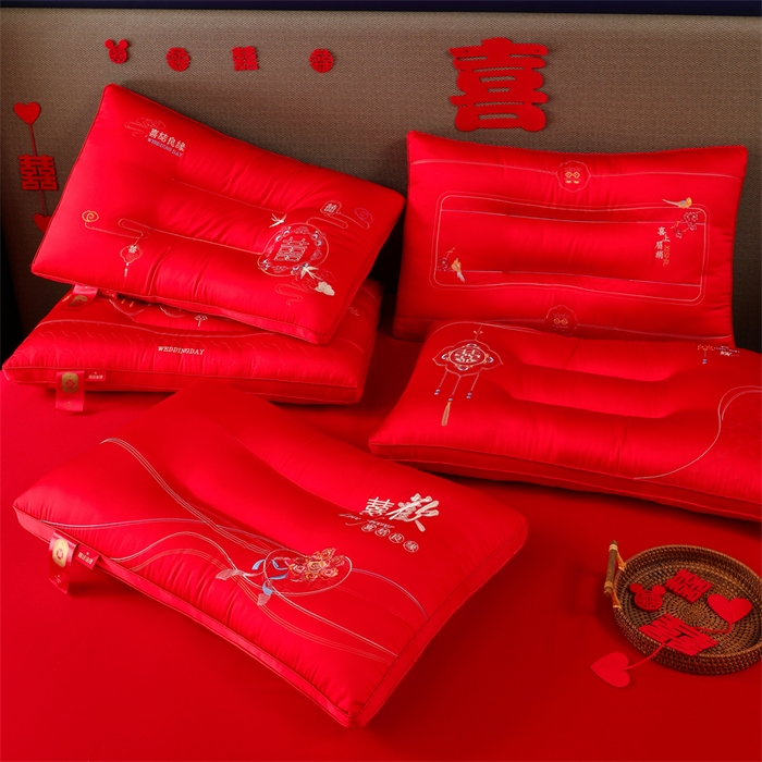 91家纺网 家纺一手货源 找家纺 （总）织布人 2025新款枕芯全棉刺绣大红喜事婚庆送礼结婚专用护颈定型枕头枕芯