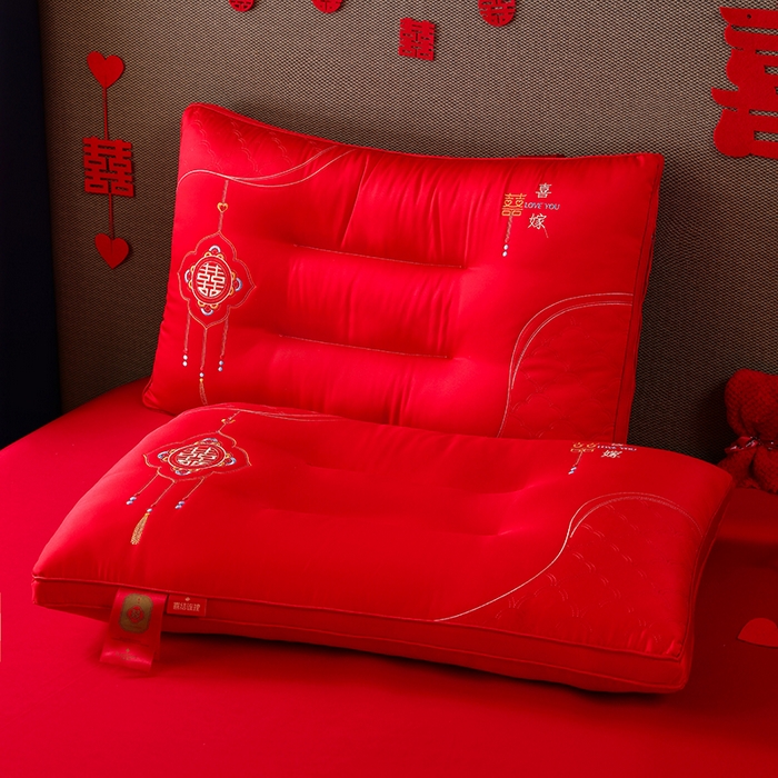 91家纺网 家纺一手货源 找家纺 织布人 2025新款枕芯全棉刺绣大红喜事婚庆送礼结婚专用护颈定型枕头枕芯 婚庆枕-皇朝囍嫁