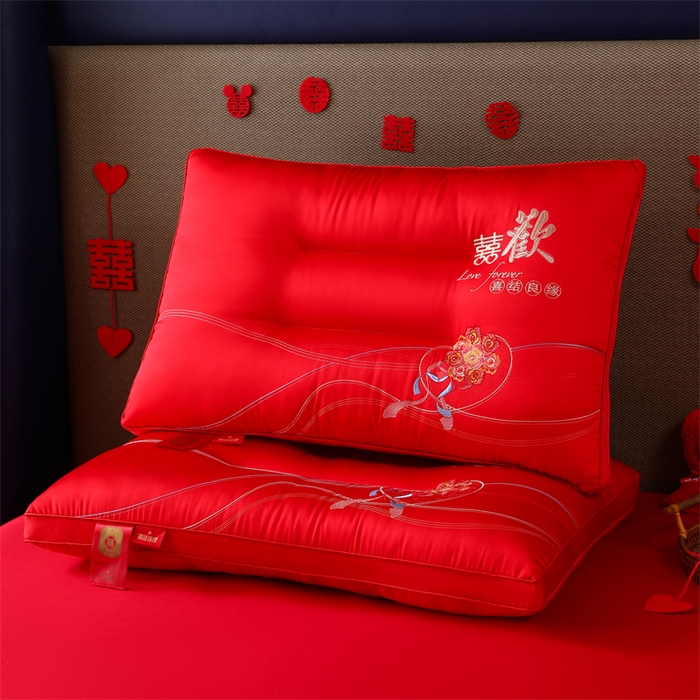 91家纺网 家纺一手货源 找家纺 织布人 2025新款枕芯全棉刺绣大红喜事婚庆送礼结婚专用护颈定型枕头枕芯 婚庆枕-喜事纳福