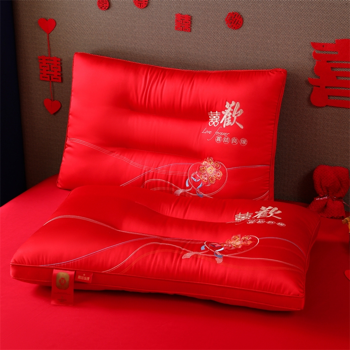 91家纺网 家纺一手货源 找家纺 织布人 2025新款枕芯全棉刺绣大红喜事婚庆送礼结婚专用护颈定型枕头枕芯 婚庆枕-喜事纳福