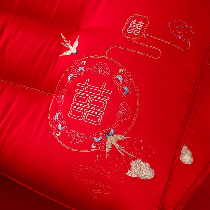 91家纺网 家纺一手货源 找家纺 织布人 2025新款枕芯全棉刺绣大红喜事婚庆送礼结婚专用护颈定型枕头枕芯 婚庆枕-花田喜事