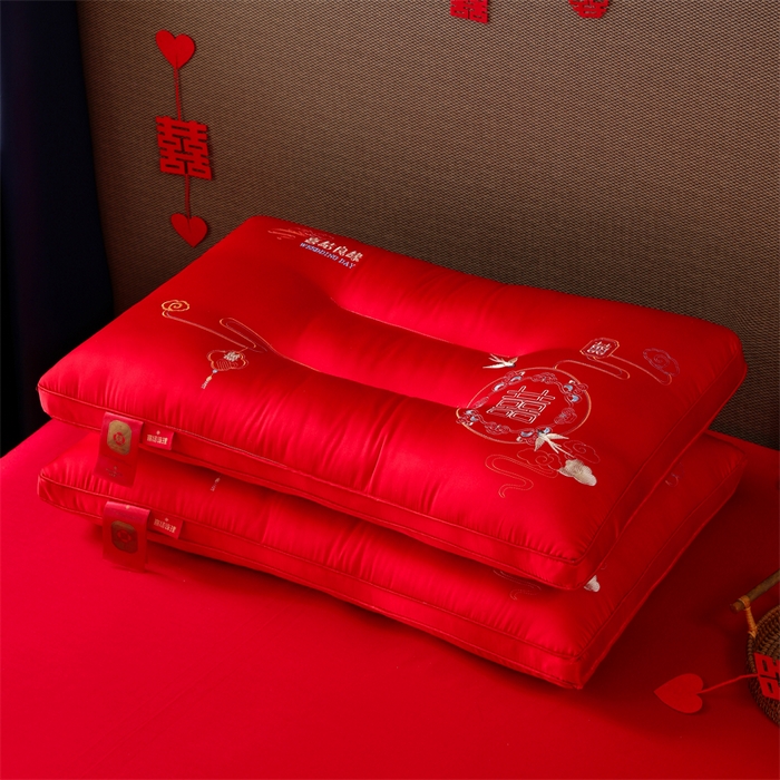 91家纺网 家纺一手货源 找家纺 织布人 2025新款枕芯全棉刺绣大红喜事婚庆送礼结婚专用护颈定型枕头枕芯 婚庆枕-花田喜事