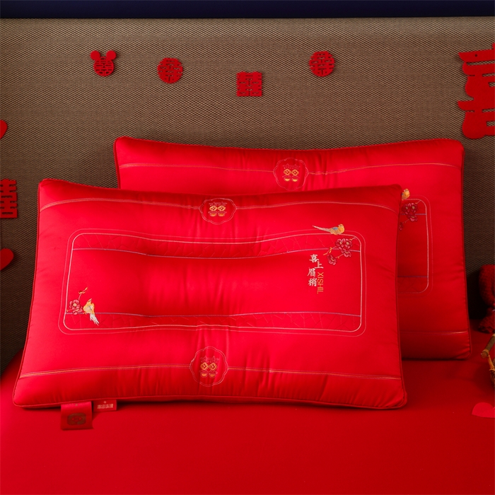 织布人 2025新款枕芯全棉刺绣大红喜事婚庆送礼结婚专用护颈定型枕头枕芯 婚庆枕-喜上眉梢
