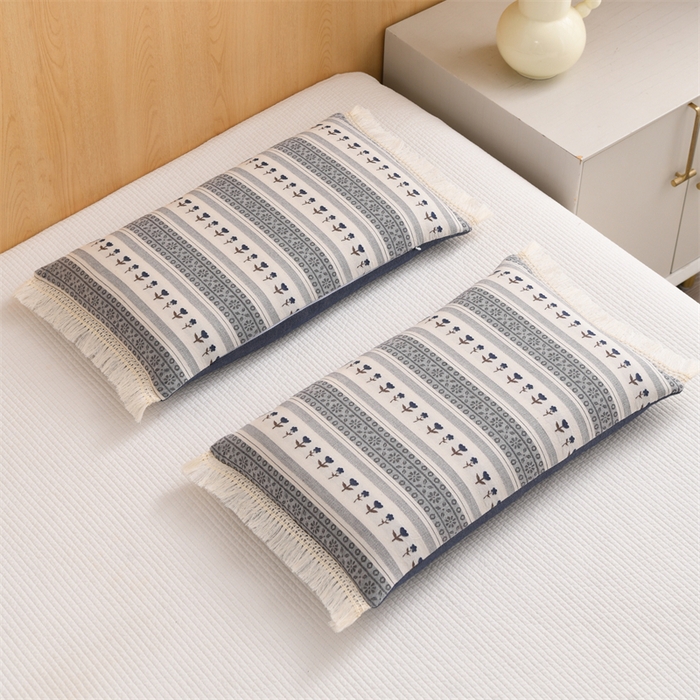 91家纺网 家纺一手货源 找家纺 织布人 2025新款全棉棉麻流梳花边全荞麦壳枕头成人家用学生助睡眠硬枕芯 棉麻流梳花边枕-蓝 色