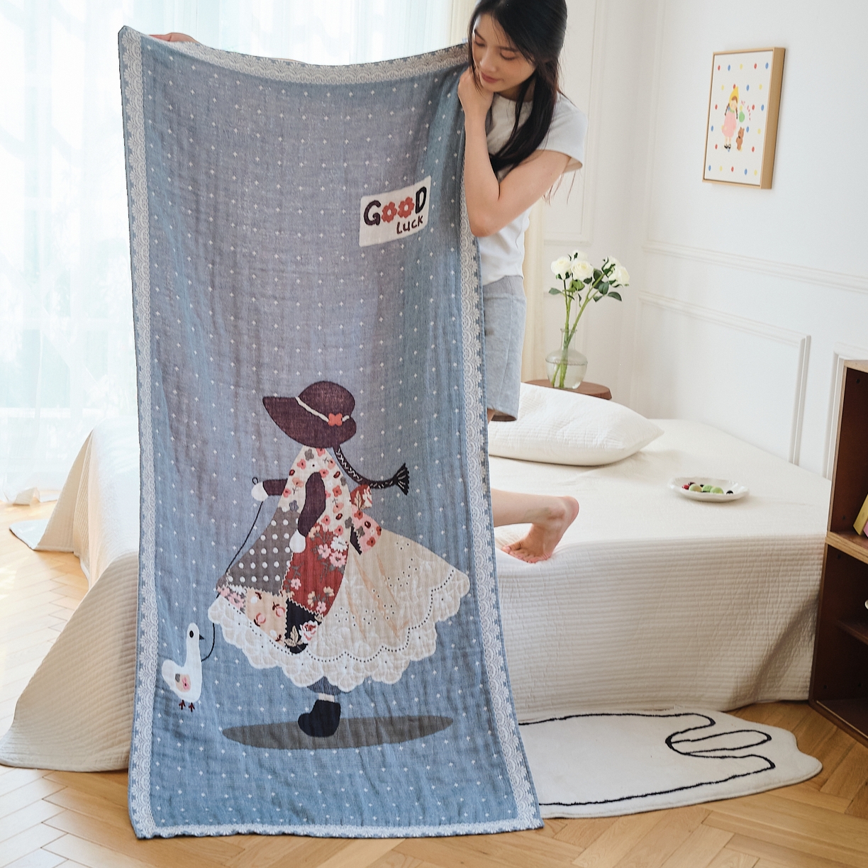 沐瑟家纺 2025新款卡通A类全棉四层纱布浴巾加大毛巾-第二组 阿布女孩 80*160cm浴巾/条