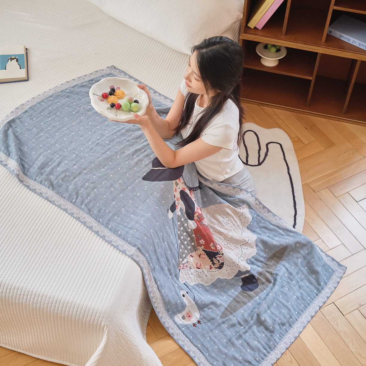 91家纺网 家纺一手货源 找家纺 沐瑟家纺 2025新款卡通A类全棉四层纱布浴巾加大毛巾-第二组 阿布女孩 80*160cm浴巾/条