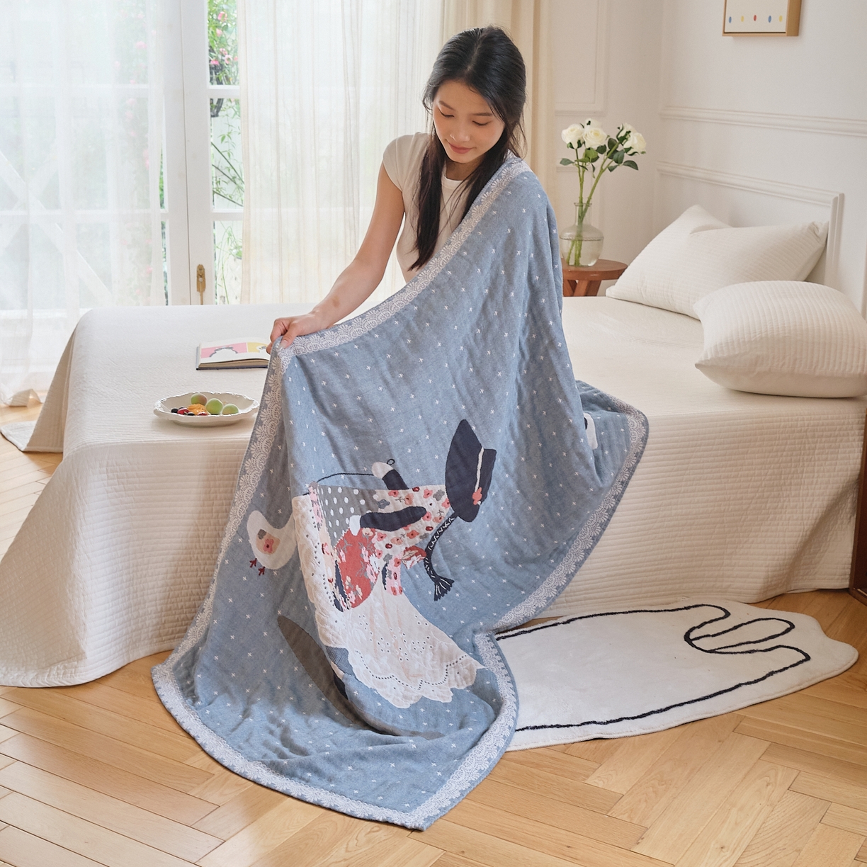 91家纺网 家纺一手货源 找家纺 沐瑟家纺 2025新款卡通A类全棉四层纱布浴巾加大毛巾-第二组 阿布女孩 80*160cm浴巾/条