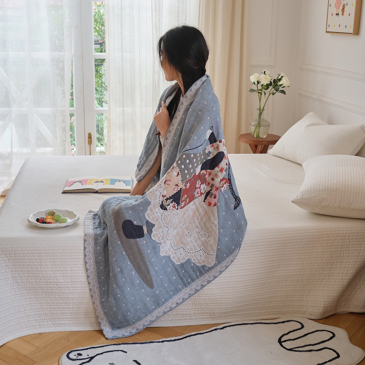 91家纺网 家纺一手货源 找家纺 沐瑟家纺 2025新款卡通A类全棉四层纱布浴巾加大毛巾-第二组 阿布女孩 80*160cm浴巾/条