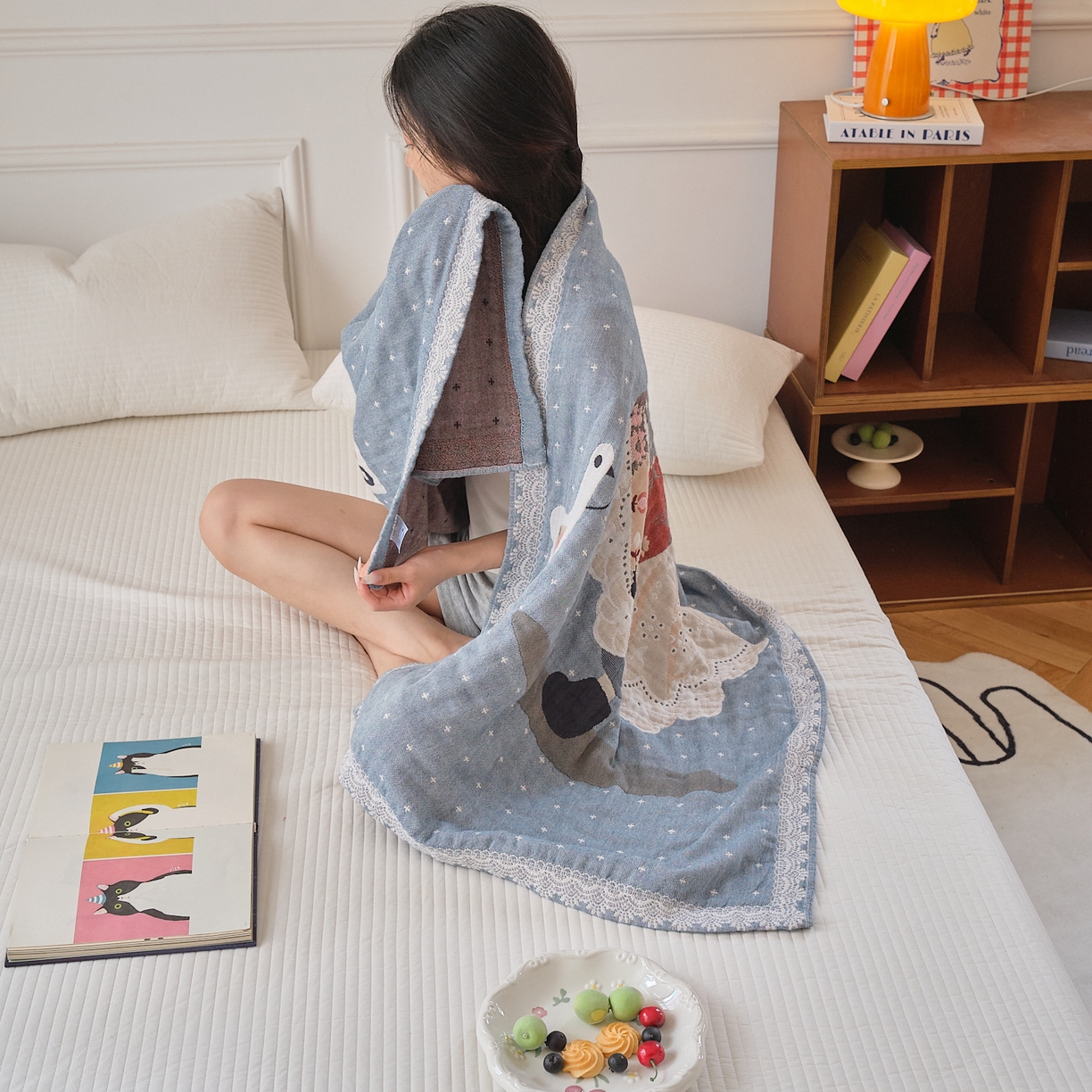 91家纺网 家纺一手货源 找家纺 沐瑟家纺 2025新款卡通A类全棉四层纱布浴巾加大毛巾-第二组 阿布女孩 80*160cm浴巾/条