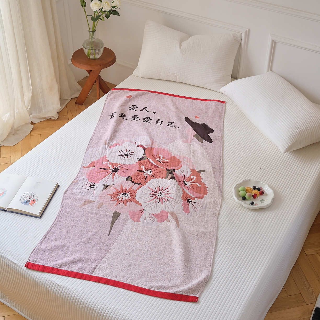 91家纺网 家纺一手货源 找家纺 沐瑟家纺 2025新款卡通A类全棉四层纱布浴巾加大毛巾-第二组 半夏 80*160cm浴巾/条