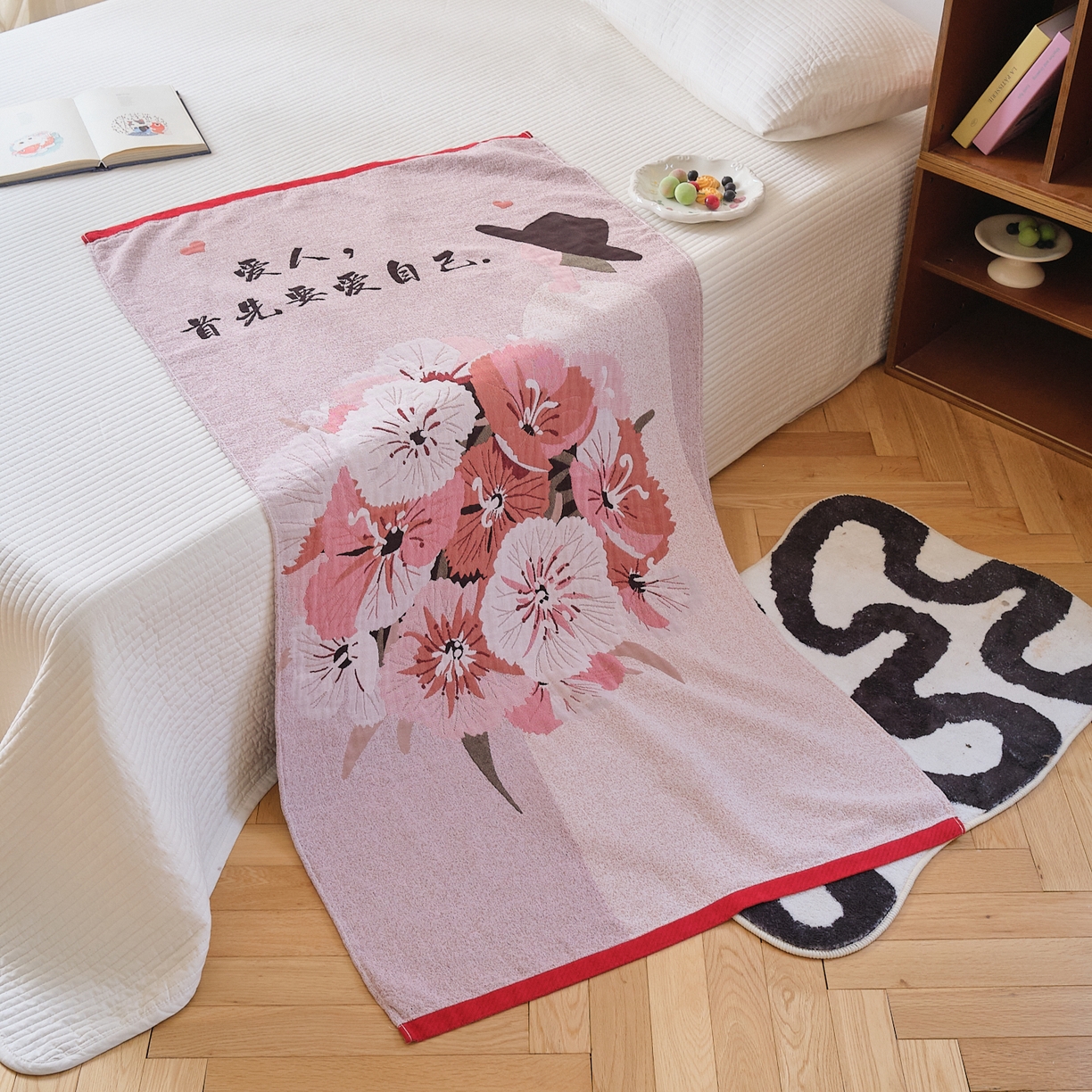 91家纺网 家纺一手货源 找家纺 沐瑟家纺 2025新款卡通A类全棉四层纱布浴巾加大毛巾-第二组 半夏 80*160cm浴巾/条