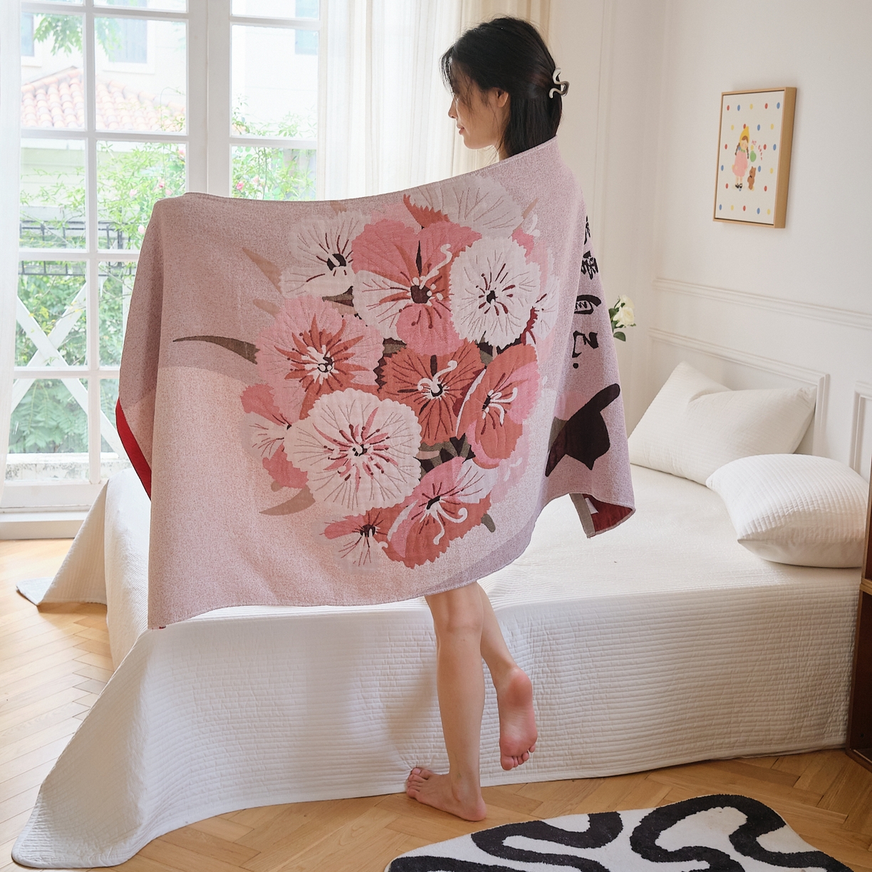 91家纺网 家纺一手货源 找家纺 沐瑟家纺 2025新款卡通A类全棉四层纱布浴巾加大毛巾-第二组 半夏 80*160cm浴巾/条