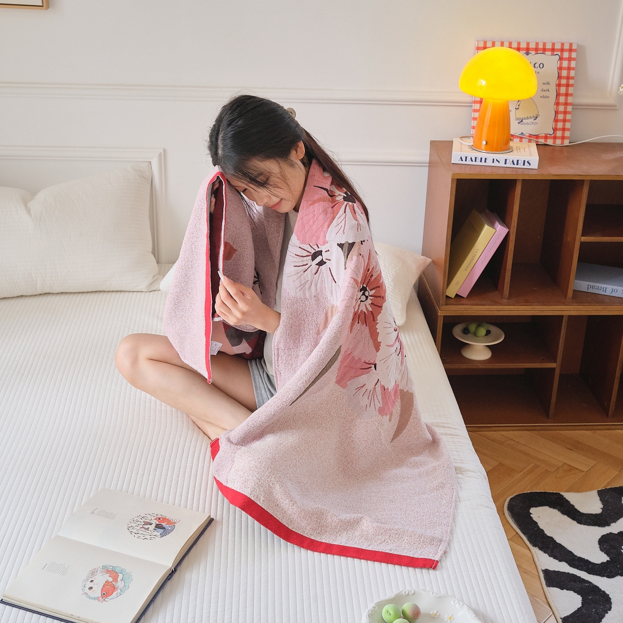 91家纺网 家纺一手货源 找家纺 沐瑟家纺 2025新款卡通A类全棉四层纱布浴巾加大毛巾-第二组 半夏 80*160cm浴巾/条