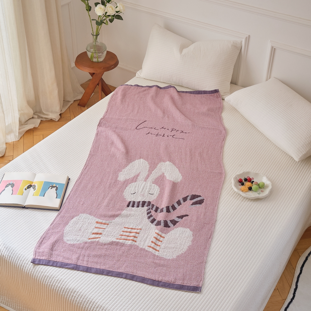 91家纺网 家纺一手货源 找家纺 沐瑟家纺 2025新款卡通A类全棉四层纱布浴巾加大毛巾-第二组 波尔兔 80*160cm浴巾/条