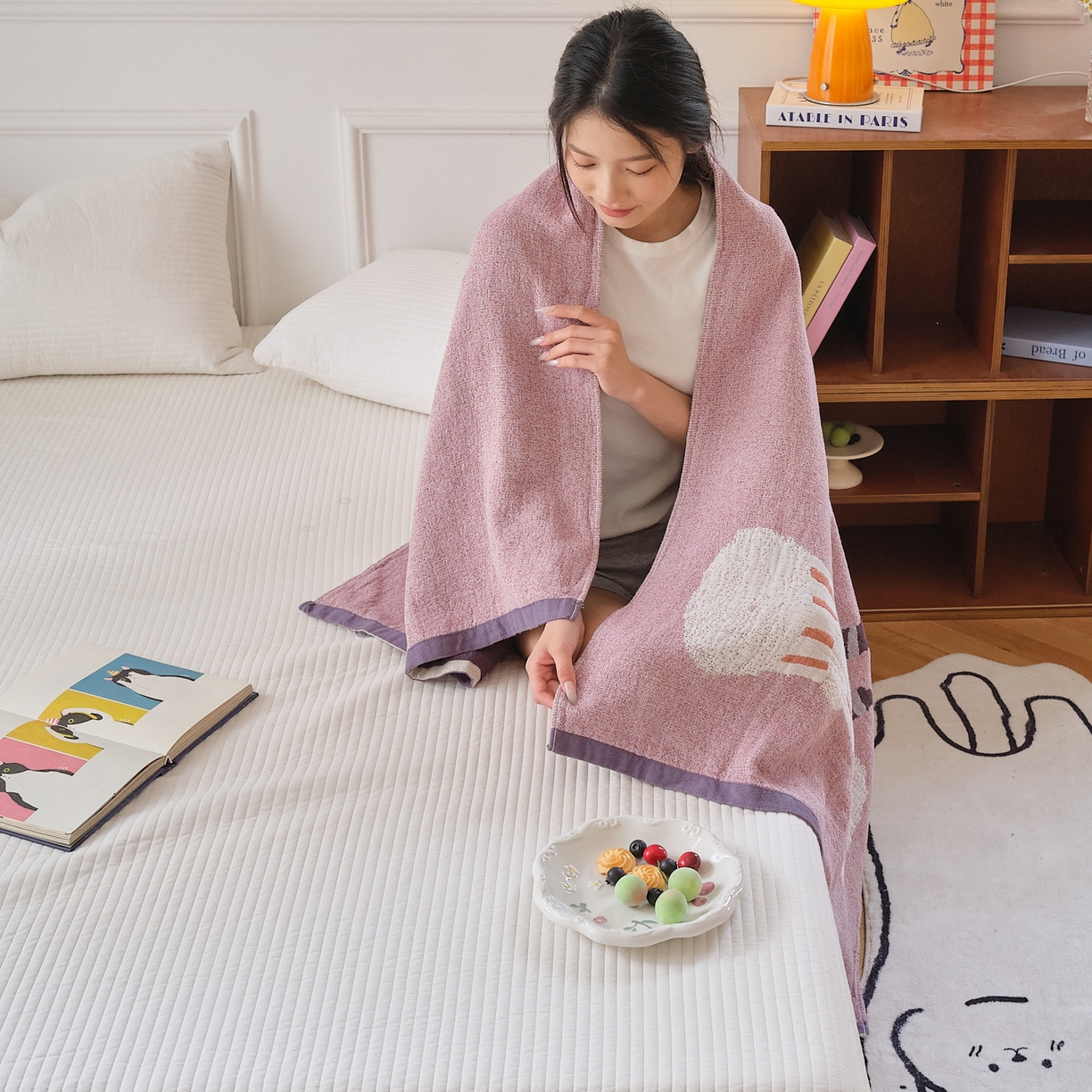 91家纺网 家纺一手货源 找家纺 沐瑟家纺 2025新款卡通A类全棉四层纱布浴巾加大毛巾-第二组 波尔兔 80*160cm浴巾/条