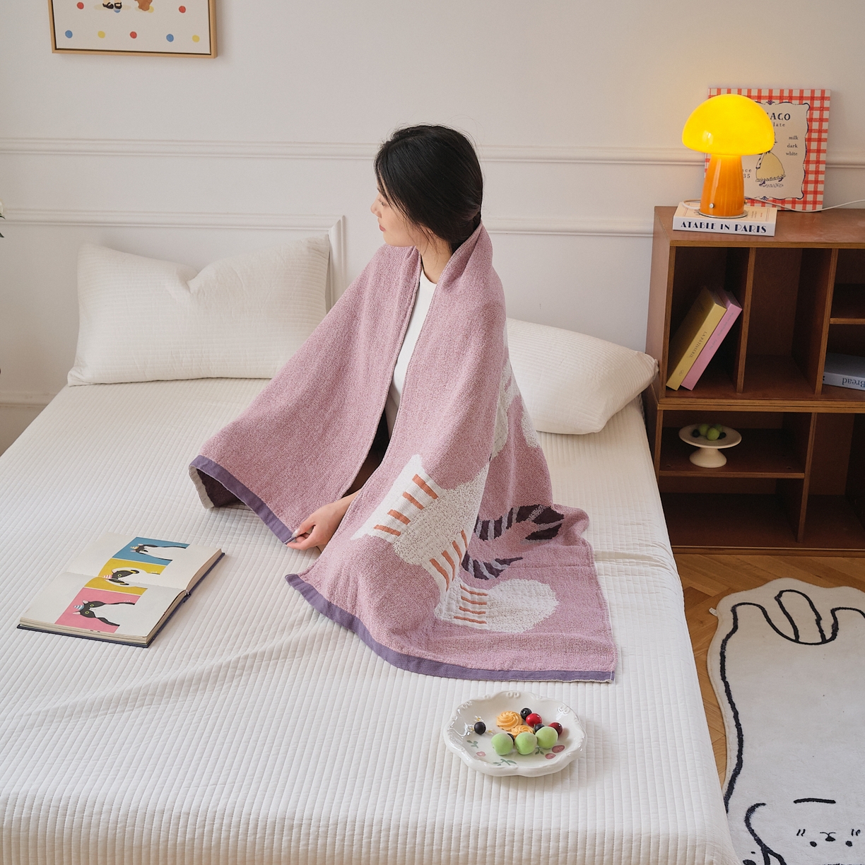 91家纺网 家纺一手货源 找家纺 沐瑟家纺 2025新款卡通A类全棉四层纱布浴巾加大毛巾-第二组 波尔兔 80*160cm浴巾/条